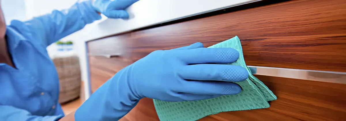 Cleaner wearing blue gloves wiping a wooden cabinet drawer with a microfiber cloth for dust and grime removal, San Antonio, TX.
